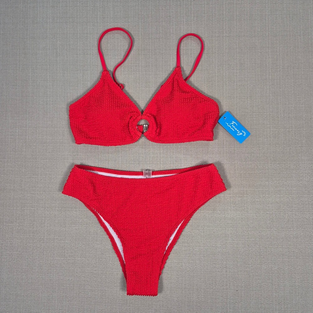 Fanuerg Red Ribbed Triangle Bikini Set O-Ring Two Piece Swimsuit XS New